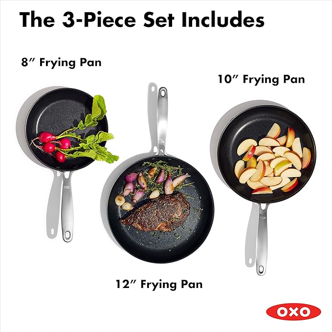 OXO Enhanced, 8" 10" and 12" 3 Piece Frying Pan Skillet Set, Healthy Ceramic Nonstick, PFAS-Free, Stainless Steel Handle, Dishwasher Safe, Oven Safe, Black