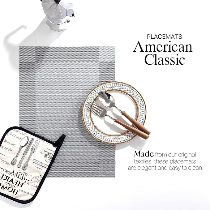 LEXMORE PVC Woven Placemats 6 PCS Wipeable Indoor/Outdoor Table Mats Washable Vinyl Place Mats for Dining Table, Set of 6-Silver Cube