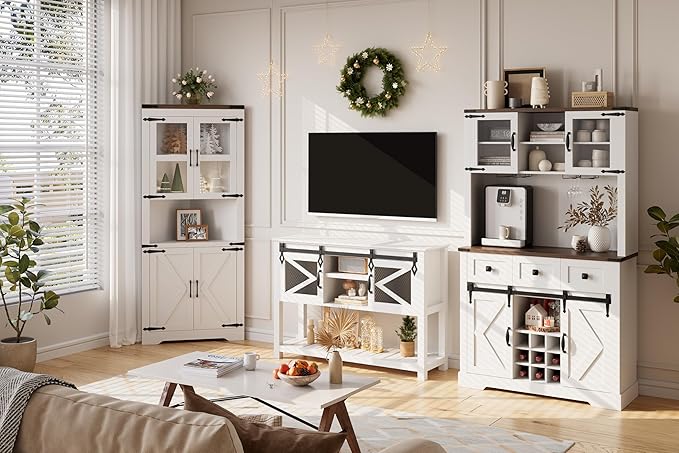 72" Farmhouse Bar Cabinet with Sliding Barn Door, Tall Kitchen Buffet with Storage Hutch and 3 Drawer, Rustic Coffee Wine Bar Sideboard with Wine & Glasses Rack, for Living Room, Pure White