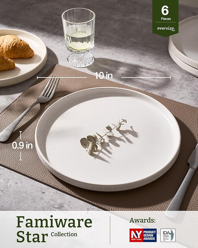 famiware Star Dinner Plates for 6, 10 inches Plate Set, Scratch Resistant, Stoneware Dinnerware, Kitchen Modern Rustic Serving Dishes, Matte White