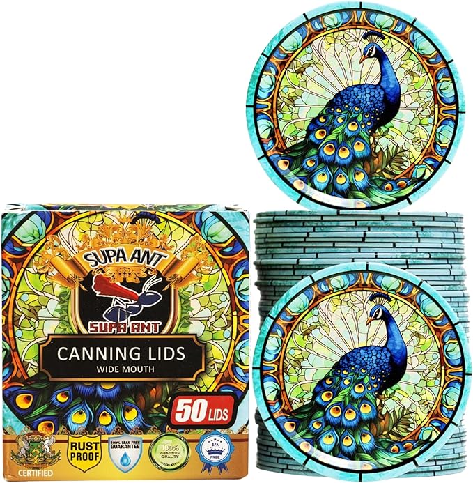 Supa Ant Thickest Canning Lids Wide Mouth (50 Pcs.) Food Grade Tin Can Lids for Canned Food - Buckle Proof & Rust Proof Lid for Canning Kit for Wide Mouth Mason Jars (Painted Glass) Canning Supplies