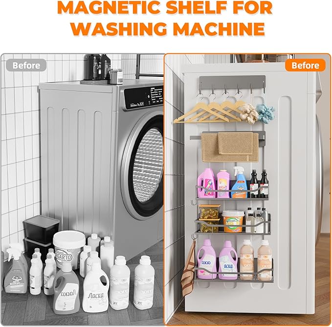 5 Pack Multifunctional Magnetic Shelves for Refrigerator Spice Rack & Washing Machine Organize, Include Paper Towel Holder, Kitchen Utensil Hanger and Hooks, Strong Magnet for Secure Hold (Gray)