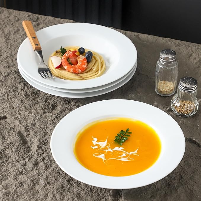 Ceramic Soup Bowls Shallow Plates, Halloween 4 Pack White Dinner Bowls Plates, Porcelain Wide Rim, 8.5 Inch (8.5 oz) Shallow Bowls Ideal for Soup Dessert Salad and Pasta, Microwave and Dishwasher Safe