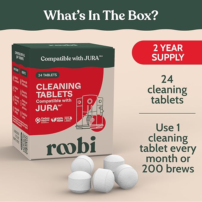 Roobi Compatible Cleaning Tablets for Jura. 24 Jura Cleaning Tablets for Automatic Espresso Coffee Machines. 100% Vegan, Carbon Neutral.