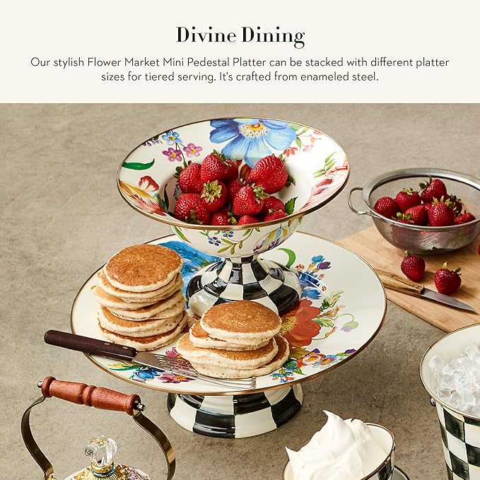 MACKENZIE-CHILDS Enamel Pedestal Platter, Round Cake Stand, Mini White Flower Market