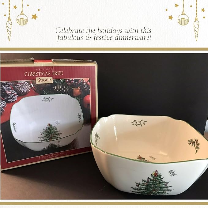 Spode Christmas Tree 10-Inch Square Serving Bowl - Durable Porcelain Bowl for Appetizers & Holiday Dishes - Iconic Christmas Design with Green Trim - Microwave & Dishwasher Safe for Festive Gatherings