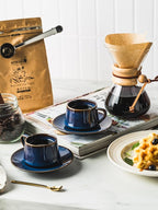 YHOSSEUN Espresso Cups Set of 6, 4 OZ Expresso Shots Cup Small Coffee Cup with Sacuers Metal Stand, Ceramic Espresso Cups for Cappuccino, Latte, Cafe Mocha and Tea, Blue