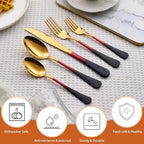 20 Piece Black Red and Gold 18/0 Flatware Utensil Set for 4, Include Dinner Knife,Dinner Forks,Dinner Spoons,Salad Forks,Teaspoons,Silverware Set for 4, Dishwasher Safe