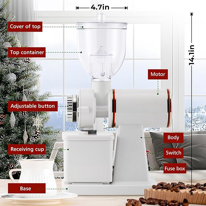 Burr Coffee Grinder Electric Espresso Grinder Commercial & Homeuse Silent Small Coffee Bean Grinder with Hopper Adjustable Grind, With Brush, Spoon, White