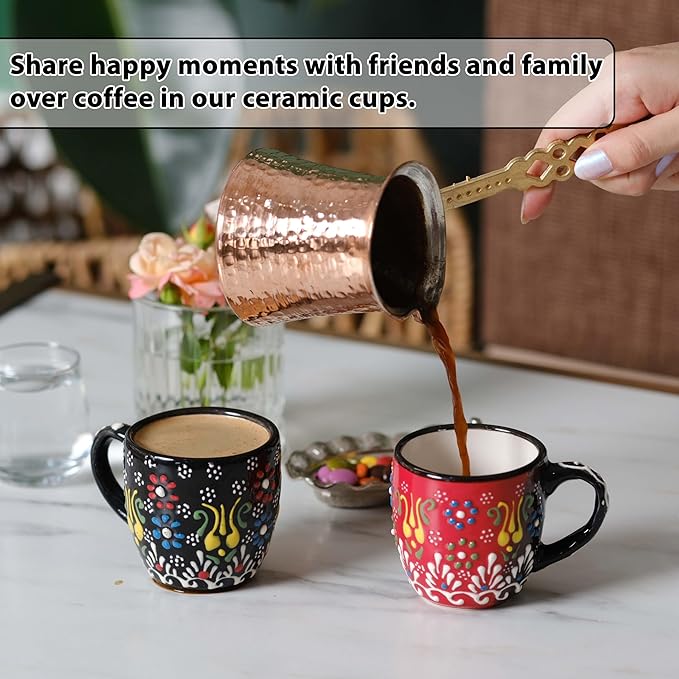 Espresso Cups Set of 2 | 4 oz Small Espresso Cups | Turkish Tea Cups | Demitasse Mugs with Handle | Modern Stackable Ceramic Espresso Mugs Set (RED/BLACK)