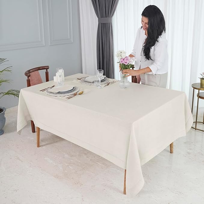 D'Moksha Homes Light Natural Linen Tablecloth for Rectangle Tables 60 x 132 Inch - 100% Pure Linen Natural Table Cloth - Classic Hemstitch, Machine Washable Dining Tablecloth for Fall, Halloween