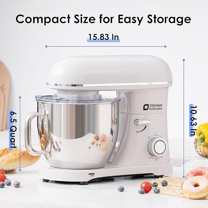 Kitchen in the box Stand Mixer - 900 Watt Heavy Dough Standing Mixers with 6.5 Quart Mixing Bowl, Tilt-head, Dough Hook, Whisk, Flat Beater and Splash Guard (White)