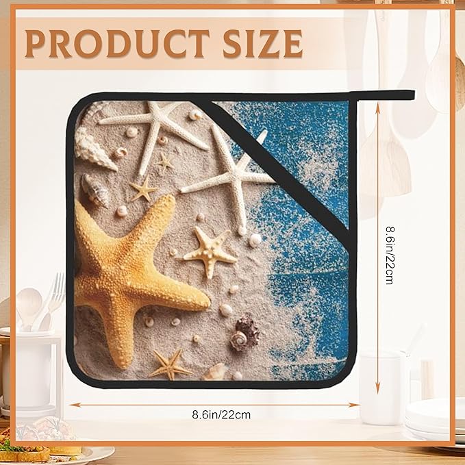 2 Pack Seashell Starfish Pot Holders for Kitchen Heat Resistant, Blue Wooden Beach Potholders for Kitchens Washable for Cooking & Baking & Microwave