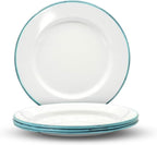 Red Co. Set of 4 Enamelware Metal Classic 10" Round Dinner Plate, Solid White/Teal Rim