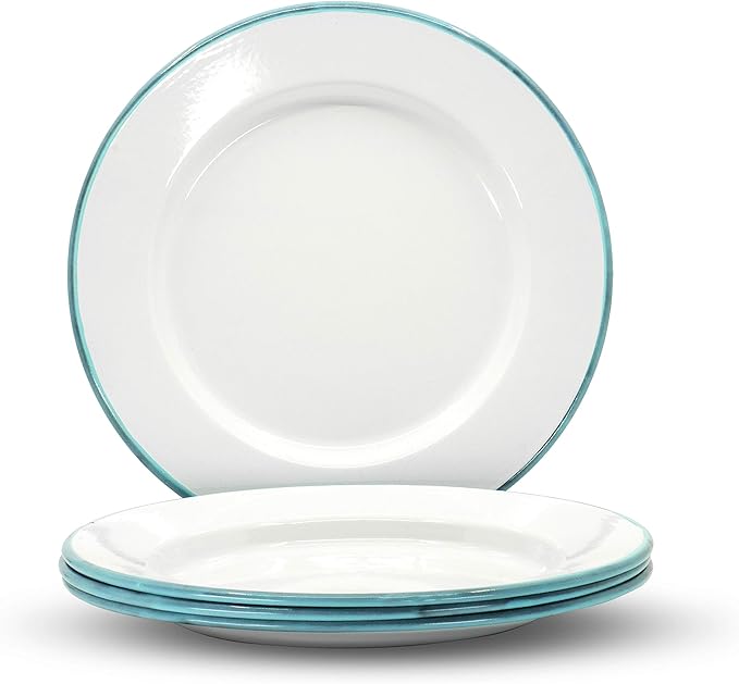 Red Co. Set of 4 Enamelware Metal Classic 10" Round Dinner Plate, Solid White/Teal Rim