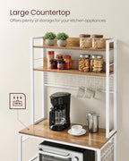 VASAGLE Hutch Bakers Rack with Power Outlet, 14 Hooks Microwave Stand, Adjustable Coffee Bar with Metal Wire Panel, Kitchen Storage Shelf, 15.7 x 31.5 x 66.9 Inches, Rustic Walnut and White UKKS025W41