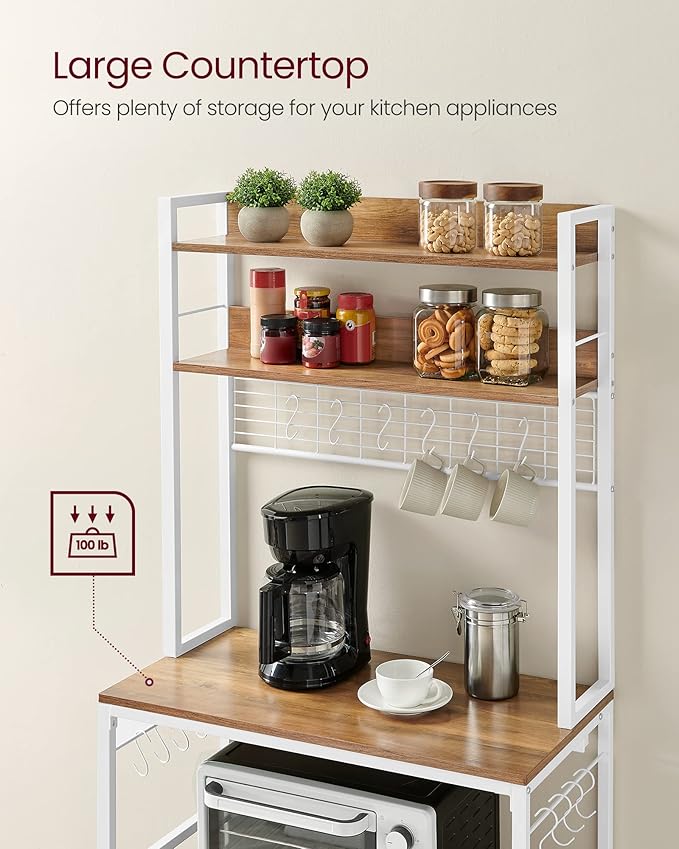 VASAGLE Hutch Bakers Rack with Power Outlet, 14 Hooks Microwave Stand, Adjustable Coffee Bar with Metal Wire Panel, Kitchen Storage Shelf, 15.7 x 31.5 x 66.9 Inches, Rustic Walnut and White UKKS025W41