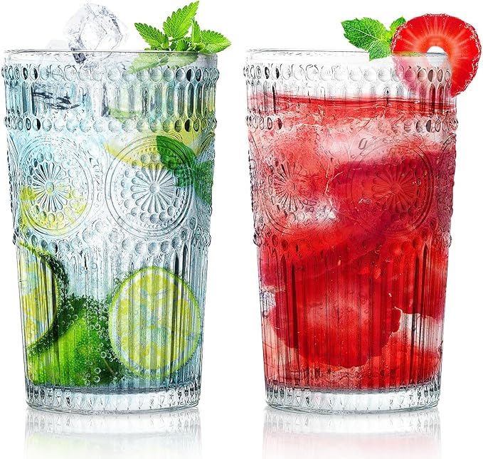 6pcs Vintage Drinking Glasses Set, 12 oz Clear Highball Glasses, Embossed Ribbed Glassware Cups for Cocktail, Water, Juice, Coffee, Whiskey