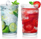 6pcs Vintage Drinking Glasses Set, 12 oz Clear Highball Glasses, Embossed Ribbed Glassware Cups for Cocktail, Water, Juice, Coffee, Whiskey