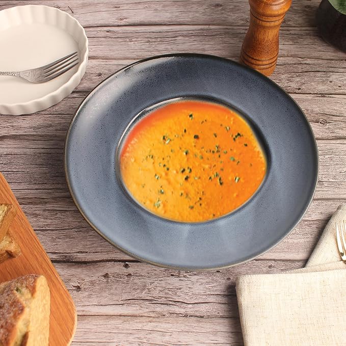 Pasta Plates with Rim 14 oz, Soup Bowl Pasta Bowl Set of 2, Shallow Bowl Plate, Ceramic Wide Rimmed Soup Bowl, Best choice for high-end restaurants, hotels, and foodies,11 Inch Blue