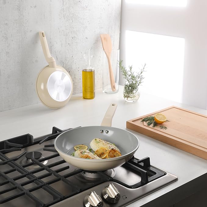 Gibson Home Barnsdall 2 Piece 8 & 10 Inch Aluminum Fry Pan Cookware Non-Toxic Ceramic Non Stick Frying Pan, Kitchen Egg Pan, Omelet Pan, Always Pan, Pots and Pans, Linen White, Induction Safe