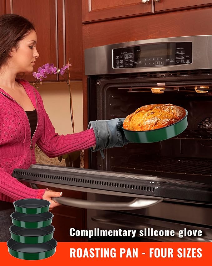 Round Baking Cake Pans Set Roasting Dish 4-Pack 9/10/12/14 Inch Enamel Non Stick Large Cookware for Cake Bread Pie Pizza Turkey Steak, Non-Toxic Carbon Steel Oven Dishwasher Safe Christmas Bakeware