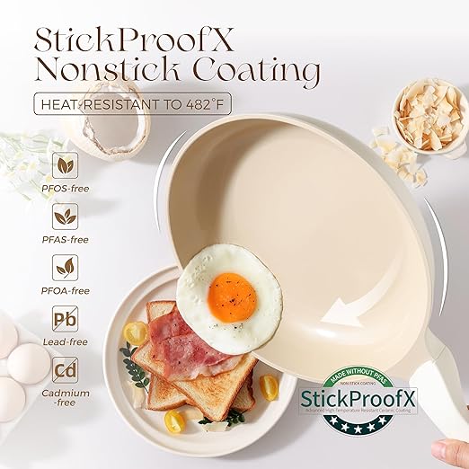 Nonstick Ceramic Frying Pan, 8/10 Inch Skillet with Stay Cool Handle, Fully Coated, Induction Compatible & Oven Safe, 100% Dishwasher Safe, PTFE PFAS & PFOA Free（10 Inch, Coconut White）