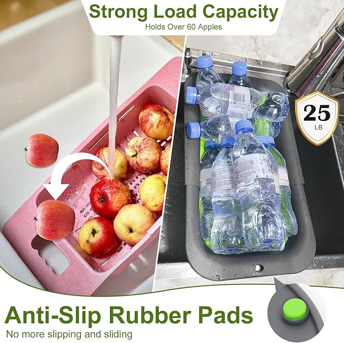 ROTTOGOON 7Qt Collapsible Colander Strainer, Expandable Over the Sink Colander, Adjustable Silicone Kitchen Sink Strainer, Foldable Large Colanders Basket to Wash Vegetable, Fruit, 15" to 19.8", Green