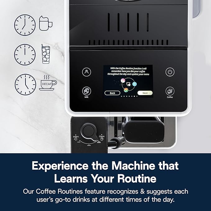 De'Longhi Rivelia Automatic Espresso Machine with Grinder & Milk Frother – All-in-One Coffee Maker, Hot & Iced Latte, Cappuccino, Bean Switch System, Burr Grinder, Compact Italian Design, White