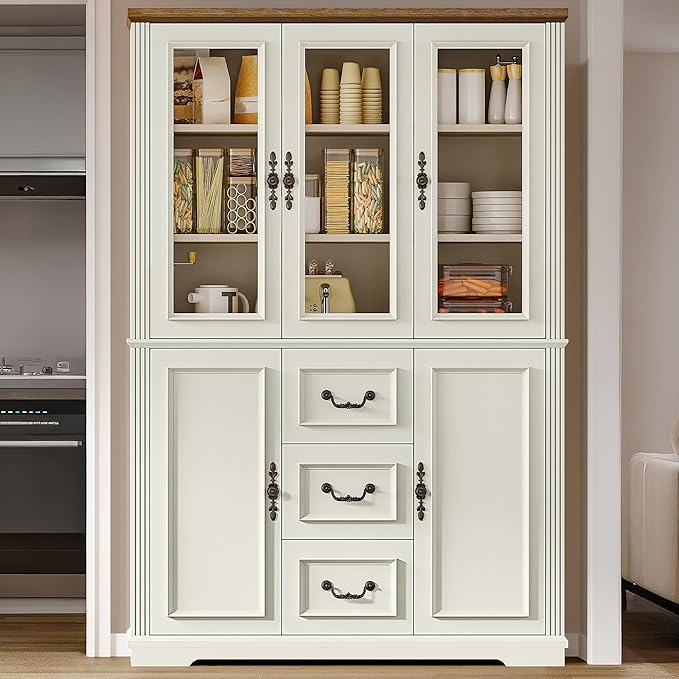 DWVO Large Storage Cabinet, 72" Tall Kitchen Pantry with Glass Doors, Freestanding Glass Display Cabinets with Adjustable Shelves & Drawers, Food China Hutch for Dining Room, Living Room, White
