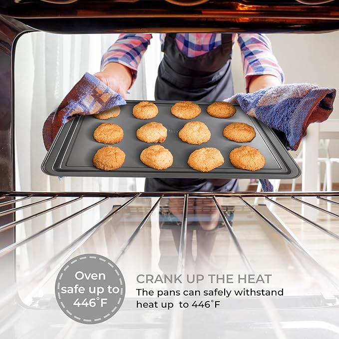 PERLLI Non-Stick 3-Piece Baking Pan Set, BPA-Free Gray Carbon Steel Bakeware Set, Stackable Kitchen Oven Set, Cookie Sheet, Baking Tray, Baking Sheet Set, Oven Safe (446°F)