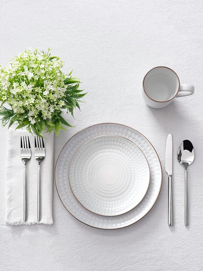 Famiware Eden Plates and Bowls Sets, Stoneware Dinnerware Sets with Gold Trim, 18 Pieces Dishes Set for 6 - Chip and Scratch Resistant, Microwave and Dishwasher Safe, White Circle