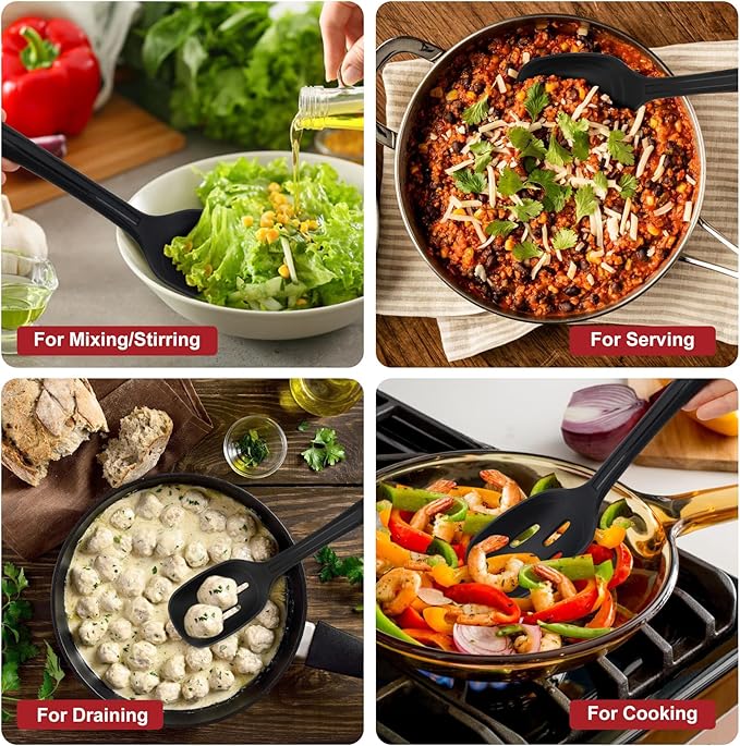 2 Pack Large Silicone Cooking Spoon with Measuring Mark, Premium Non-Stick Solid and Slotted Serving Spoons Set, Heat Resistant Kitchen Utensils for Mixing, Stirring, Scooping, Scraping