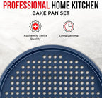 Bakken Pizza Baking Pan - Round Perforated Carbon Steel Pan with Non-Stick Marble Coating, Oversized Silicone Handle, Dishwasher Safe, High-Temperature Resistant, Durable & Easy Cleanup - Blue, 2 Pack