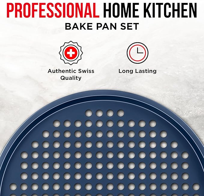 Bakken Pizza Baking Pan - Round Perforated Carbon Steel Pan with Non-Stick Marble Coating, Oversized Silicone Handle, Dishwasher Safe, High-Temperature Resistant, Durable & Easy Cleanup - Blue, 2 Pack