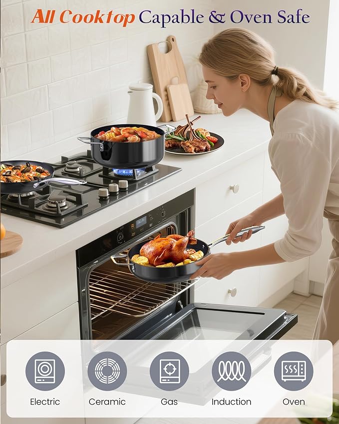 Nuwave Essential Series 5PC Ceramic Cookware Set PFAS-Free, G11 Duralon Blue Coating, Pots and Pans Set Non Stick, Diamond Scratch-Resistant,Stay-Cool Handle, Metal Lid,Induction Ready,Dishwasher Safe