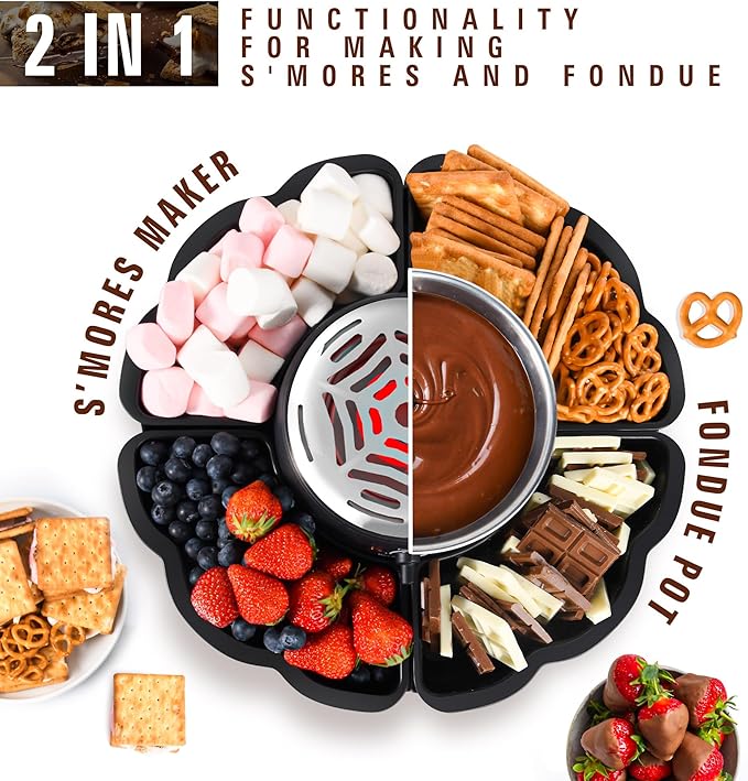 2 In 1 Smores Maker & Fondue Set, Tabletop Indoor Smores Kit, Marshmallow Roaster with Temp Control, 4 Detachable Trays & 4 Roasting Forks and 1 Heated Bowl, Movie Night Supplies & Housewarming Gifts