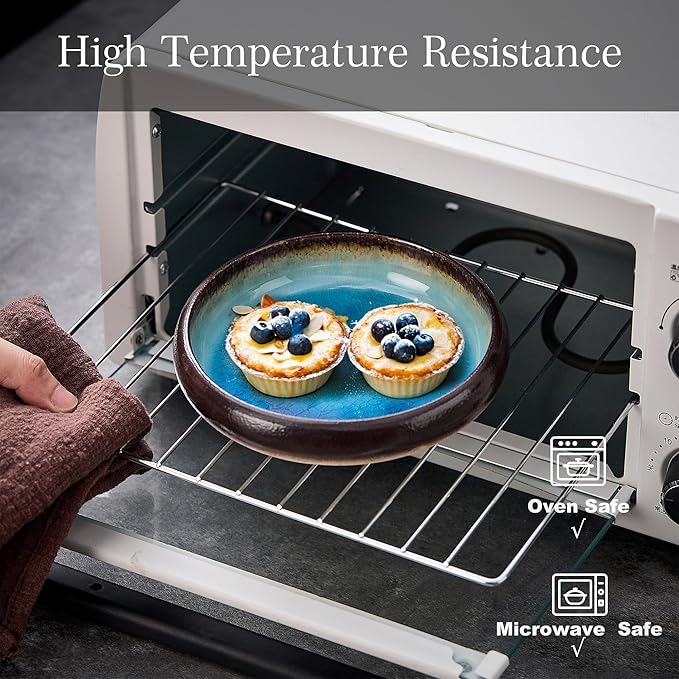 Ceramic Dinner Plates Set of 4, 6 Inch Large Porcelain Pasta and Salad Plates, Stoneware Plate Set for 4, Handmade Round Dishes for Home Decor, Microwave,Oven,and Dishwasher Safe, Blue