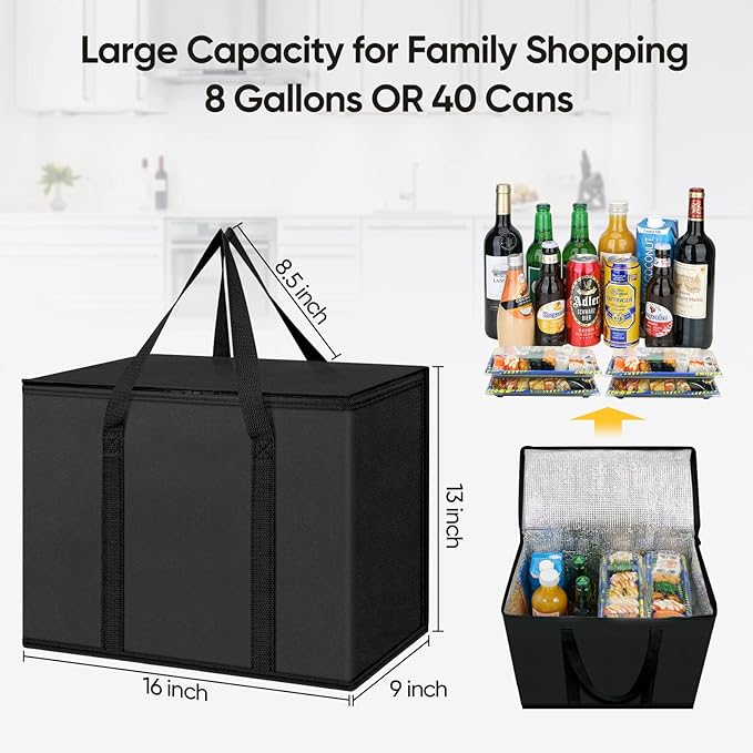 BALEINE 2Pk Insulated Reusable Grocery Bags, Collapsible Cooler Bag for Groceries, Heavy Duty Large Insulated Bag (Large, Charcoal Black)
