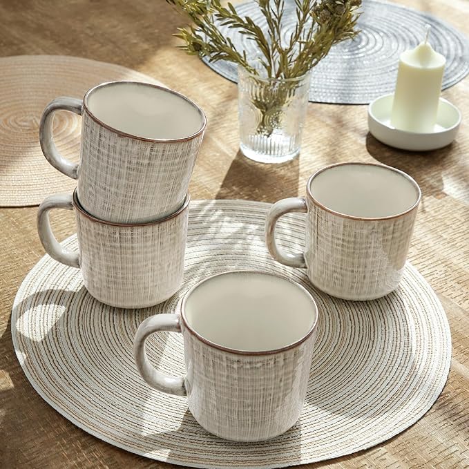 famiware Moonlight Coffee Mug Set of 4, 13oz Mug Set with Linen Finish, Coffee Cup Set with Handle for Latte, Cappuccino, Tea, Hot Cocoa, Microwave and Dishwasher Safe, Summer Sand