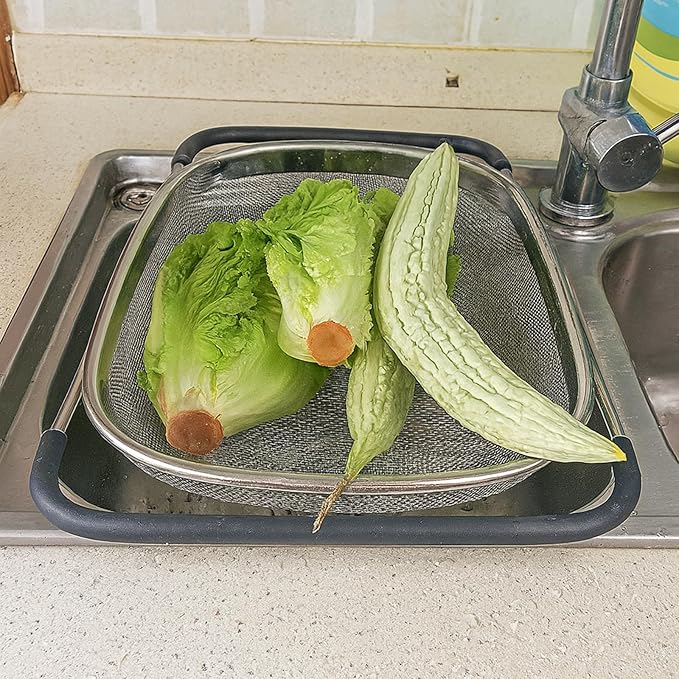 Premium Quality Over The Sink Stainless Steel Oval Colander with Fine Mesh 6 Quart Strainer Basket & Expandable Rubber Grip Handles - Strain, Drain, Rinse Fruits, Vegetables1