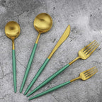 Gugrida 20-Piece 18/10 Stainless Steel Flatware Silverware, Luxury Dinnerware Set Travel Cutlery Tableware Include Knife Fork Spoon Service for 4, Dishwasher Safe (Green Handle Matte Gold)