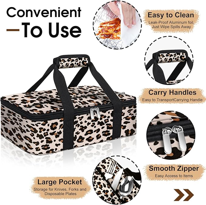 Insulated Casserole Carrier, Portable Casserole Carrier for Hot or Cold Food Lunch Tote Warmer or Cooler Bag, Lasagna Lunch Bag for Potluck Parties- Fits 9" x 13" Baking Dish-Leopard