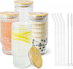 4 Pcs 16 oz Glasses Cups Set with Bamboo Lids Straws Brush Hobnail Glassware Set for Juice Iced Coffee Beer and Cocktail Whiskey