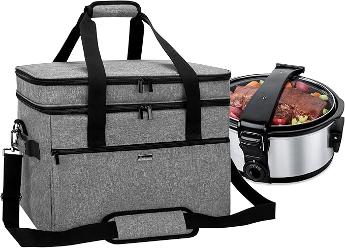 Yarwo Slow Cooker Bag Compatible with Crock-Pot/Hamilton Beach 8-10 Quart, Double Layers Slow Cooker Travel Carrier Case for Kitchen Appliance and Accessories, Gray (Bag Only)