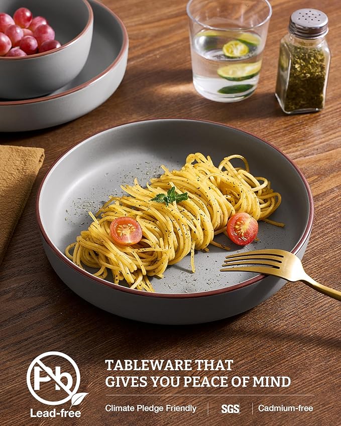 famiware Mercury Pasta Bowls Set of 8, 33 oz Large Salad Bowls, Ceramic Pasta Plates Bowls, Serving Bowls for Kitchen, Microwave & Dishwasher Safe, Dark Gray