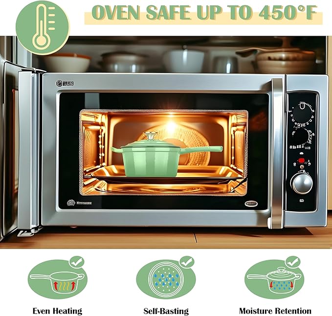 E-far Enameled Cast Iron Sauce Pan with Lid, 1 Quart Dutch Oven Saucepan, Mini Sauce Pot for Cooking, Boiling, Healthy & Non Toxic, Induction & Oven Safe, Pistachio Green