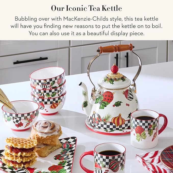 MACKENZIE-CHILDS Deck the Halls 2-Quart Enamel Tea Kettle, Christmas Tea Kettle for Stovetop