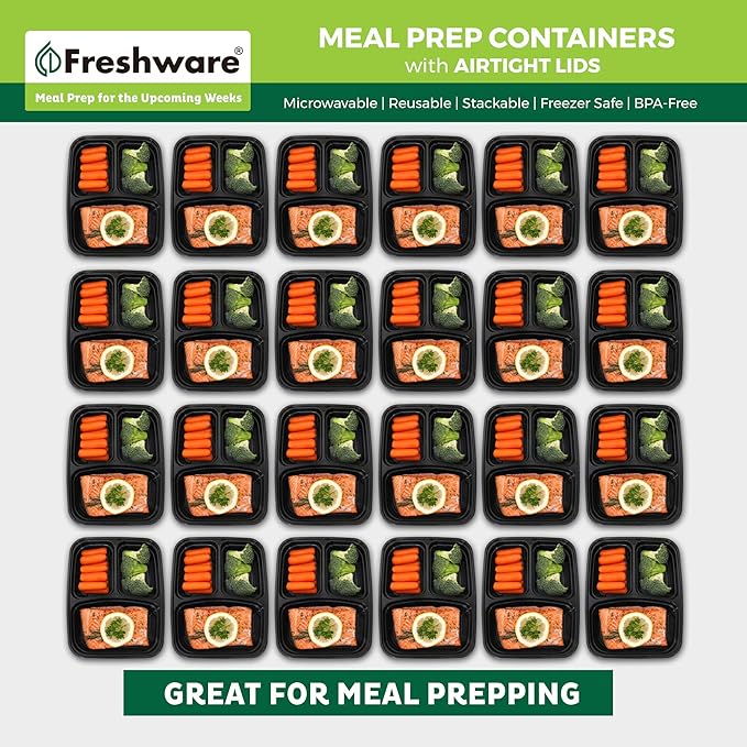 Freshware Meal Prep Containers 21 Count (Pack of 1), 3 Compartment with Lids, Food Storage Containers, Bento Box, Stackable, Microwave/Dishwasher/Freezer Safe (24 oz)
