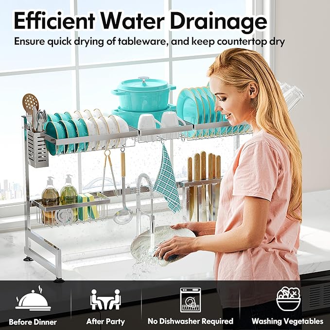 MAJALiS Over Sink Dish Drainer Drying Rack, 2 Tier Stainless Steel Dish Rack Over Sink Sink Length Adjustable (33.5-40 in), Expandable Drainer Shelf Rack with Multifunctional Organizers, Sliver